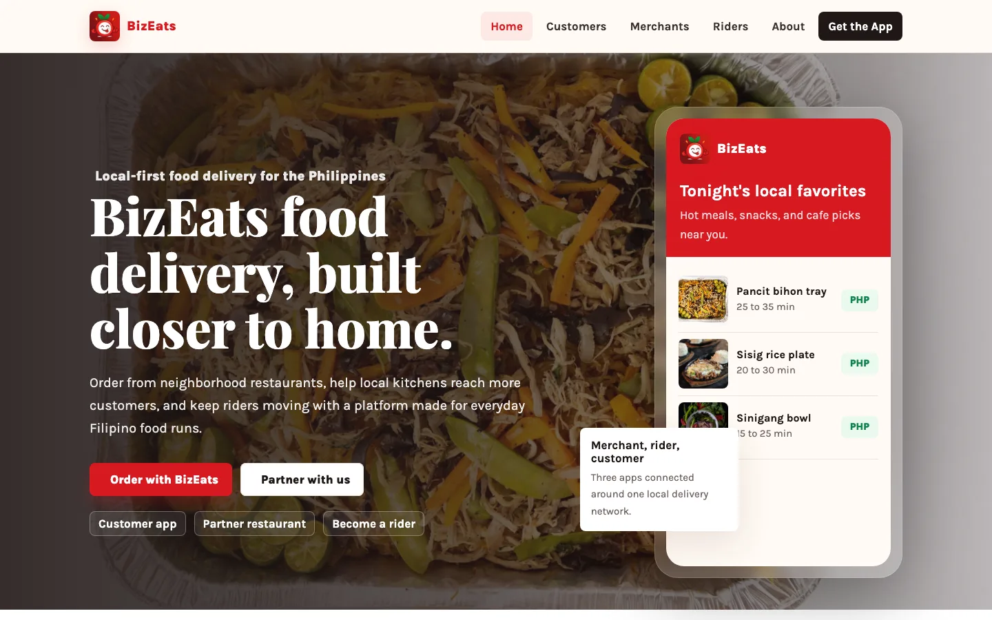 BizEats food delivery platform homepage