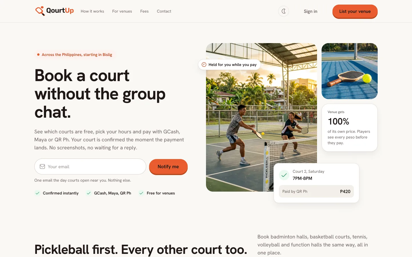 QourtUp website for booking pickleball and badminton courts in the Philippines